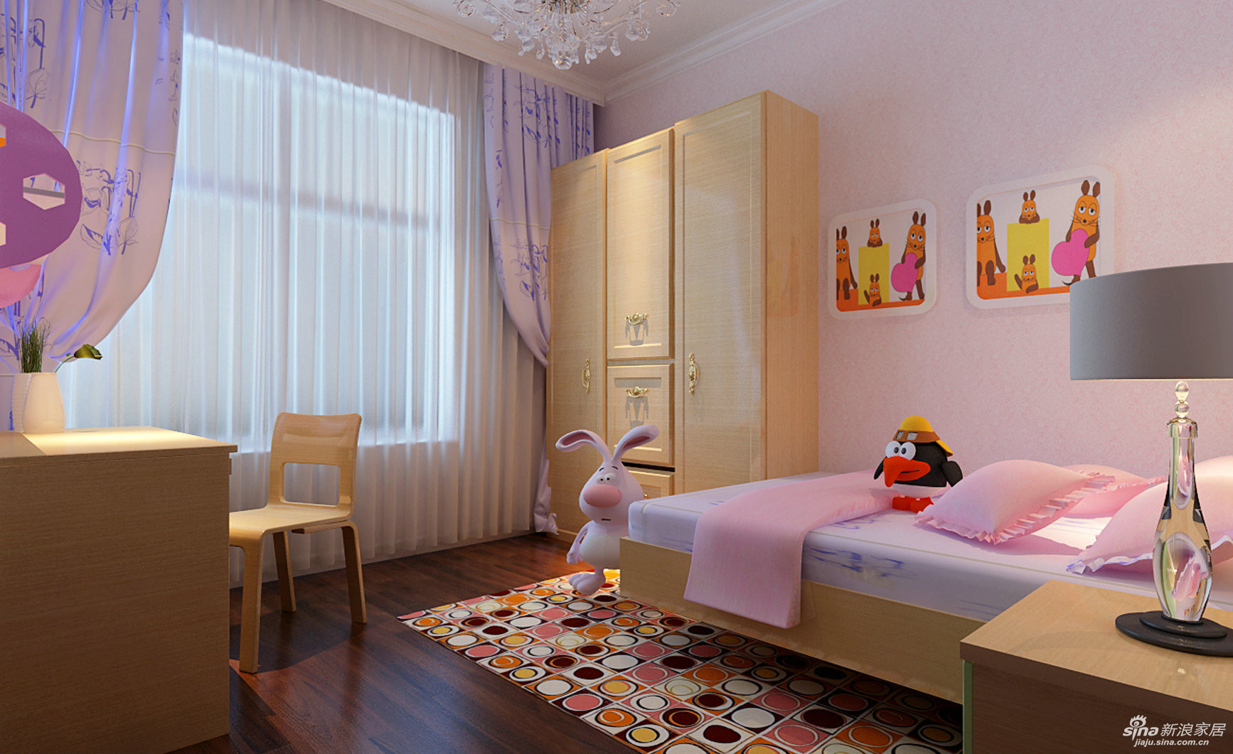 【儿童房在设计上用淡粉色的壁纸,暖色调的空