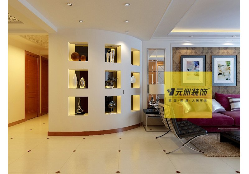 客厅:主要的入户效果体现在了那个弧形展示柜上面,那是主卧衣帽间突出